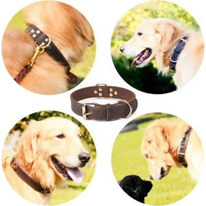 Benepaw Quality Genuine Leather Dog Collar Durable Vintage Heavy-duty Rustproof Double D-Ring Pet Collar For Medium Large Dogs - Image 4