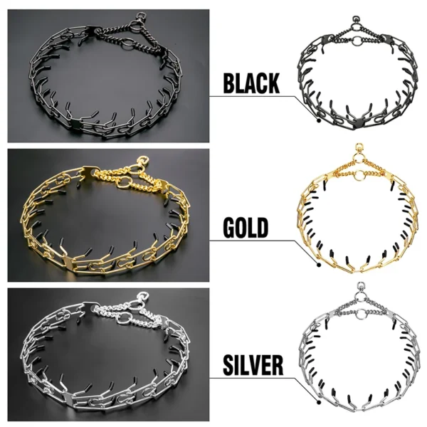 Gold Dog Collar Choker with Comfort Rubber, Stainless Steel Pet Prong Collar, Adjustable Metal Necklace for Medium and Large Dog