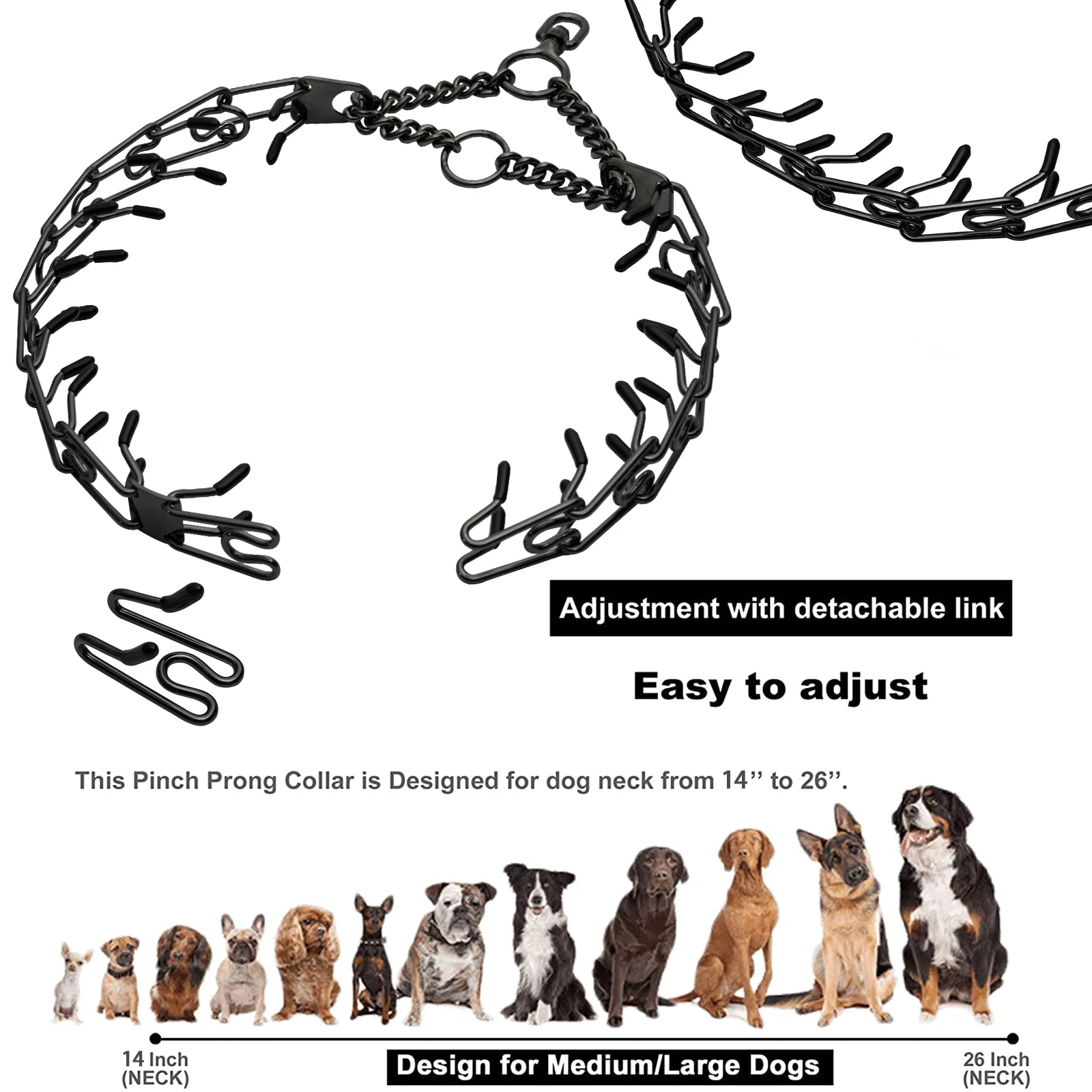 Training Prong Dog Collar Removable Black Pet Link Chain Adjustable Stainless Steel Metal Spike Necklace with Comfort Rubber Tip - Image 2