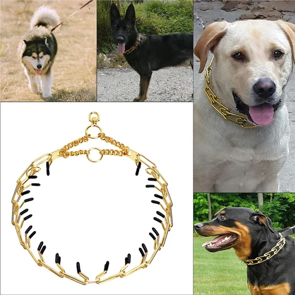 Gold Dog Collar Choker with Comfort Rubber, Stainless Steel Pet Prong Collar, Adjustable Metal Necklace for Medium and Large Dog