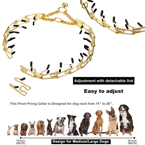 Gold Dog Collar Choker with Comfort Rubber, Stainless Steel Pet Prong Collar, Adjustable Metal Necklace for Medium and Large Dog