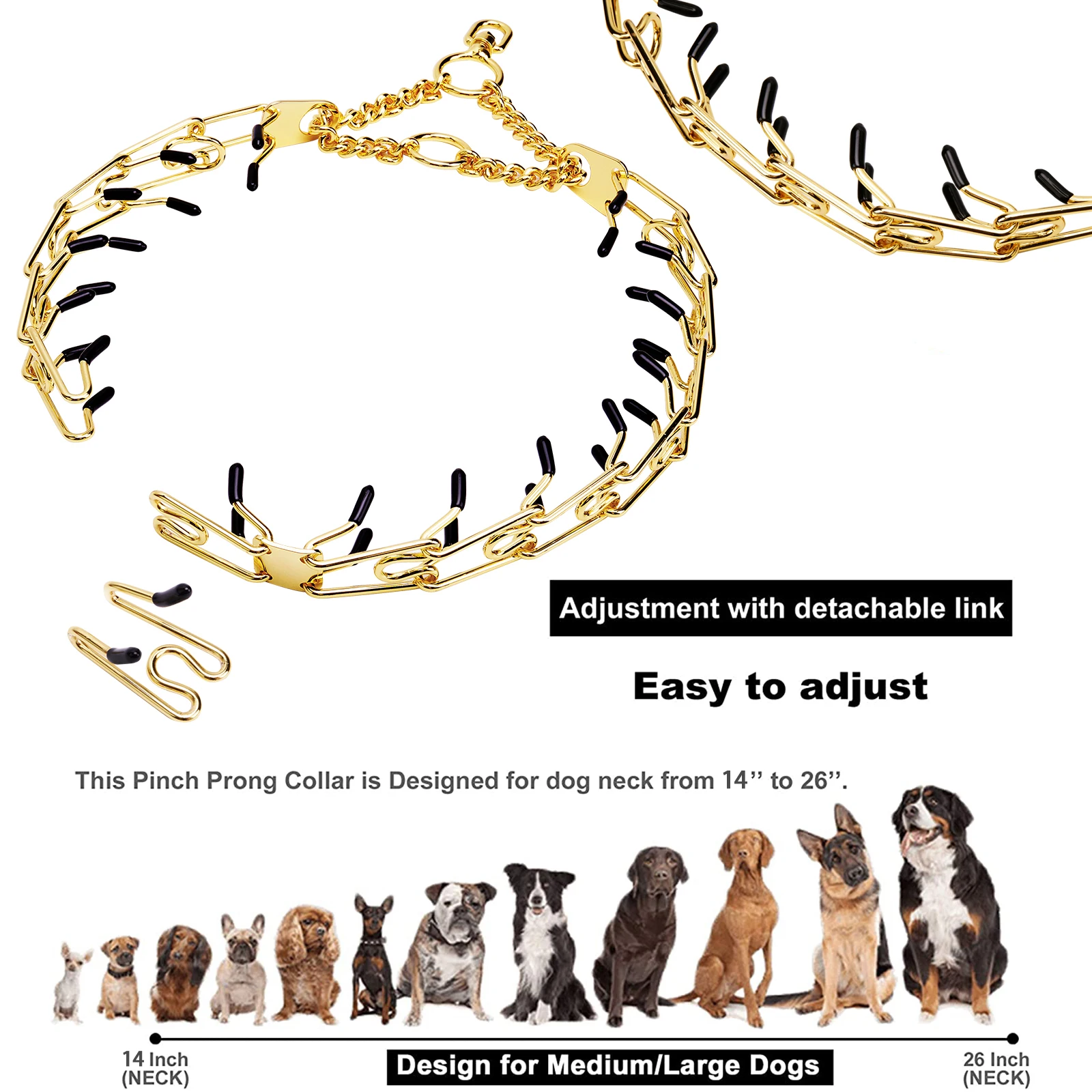 Gold Dog Collar Choker with Comfort Rubber, Stainless Steel Pet Prong Collar, Adjustable Metal Necklace for Medium and Large Dog - Image 3