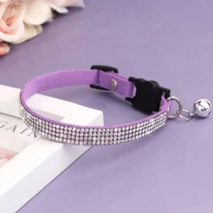 Soft Suede Leather Cat Collar Bling Rhinestone Cats Collars with Bell Safety Breakaway Pet Puppy Necklace Adjustable XS S Pink - Image 10