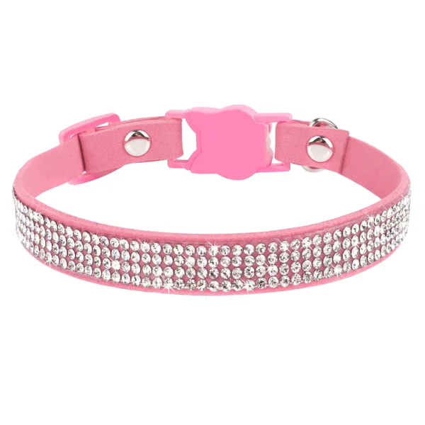 Soft Suede Leather Cat Collar Bling Rhinestone Cats Collars with Bell Safety Breakaway Pet Puppy Necklace Adjustable XS S Pink
